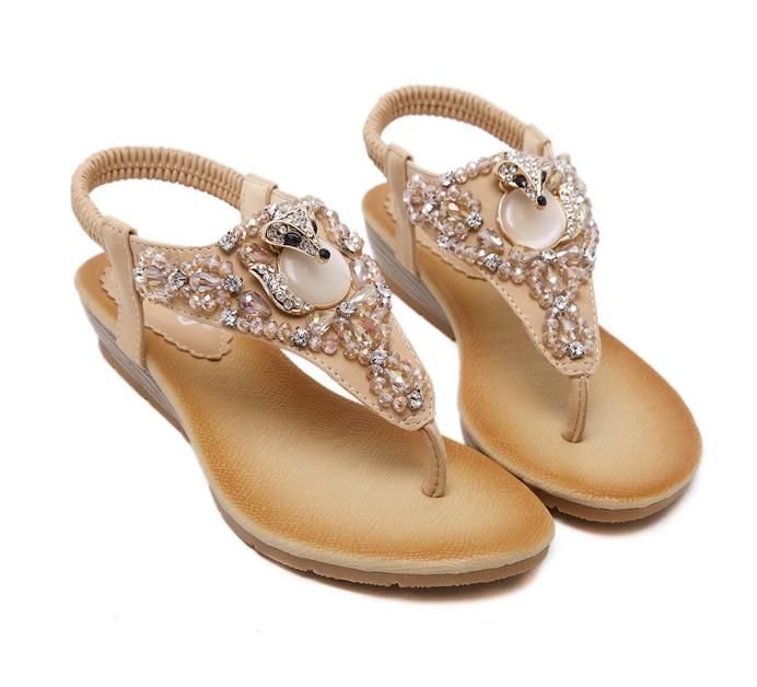 Plus Size 35 To 40 Bohemian Gem Rhinestone Sandals Women Flats Beach Shoes Soft Comfortable