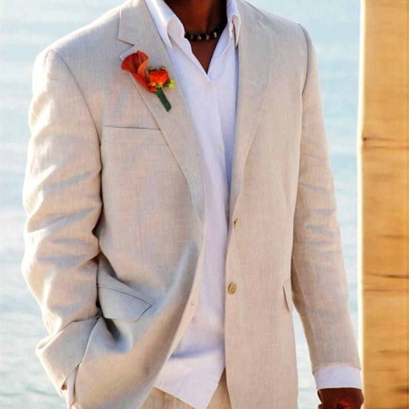 Light Beige Linen Suits Beach Wedding Tuxedos For Men Custom Made