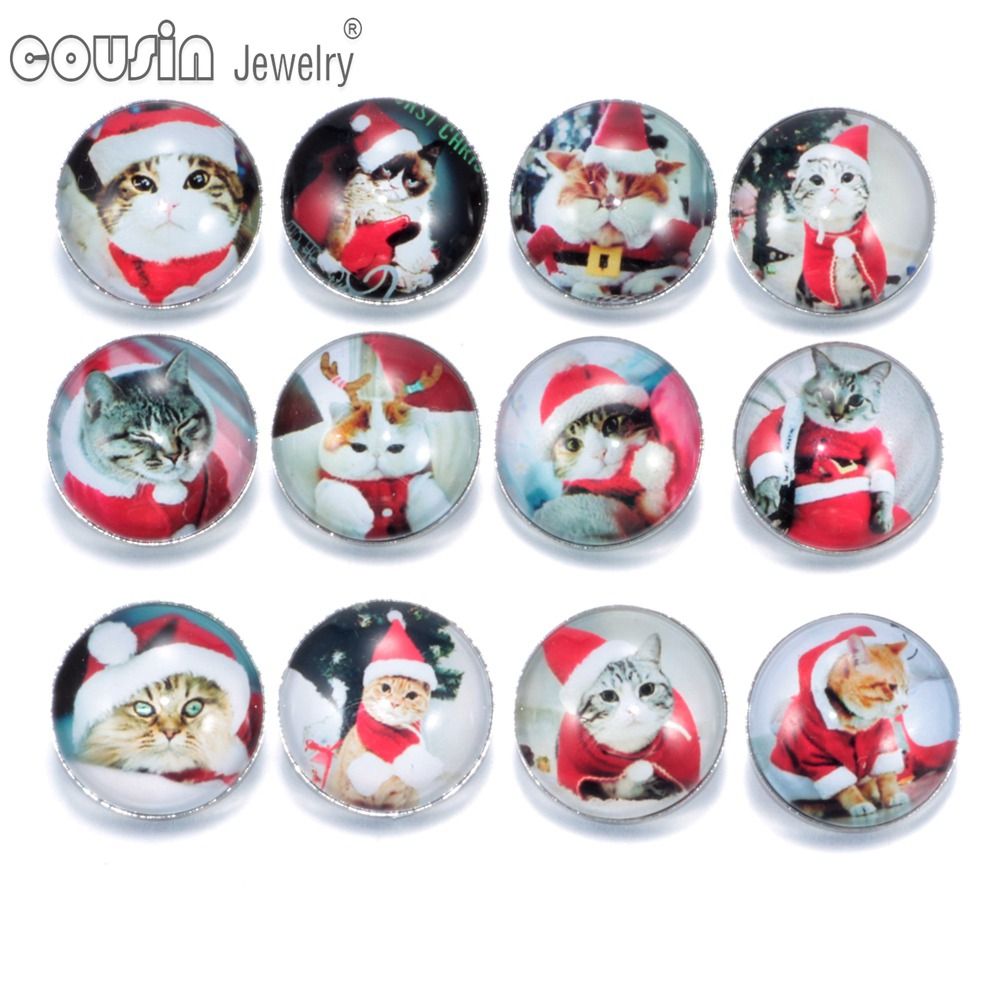 Mixed Colors Christmas Cat 18mm Snap Button Jewelry Faceted Glass Snap Fit Snap Bracelet Jewelry KZ0142 18mm Snap Button Jewelry Charm Bracelet Glass Snap