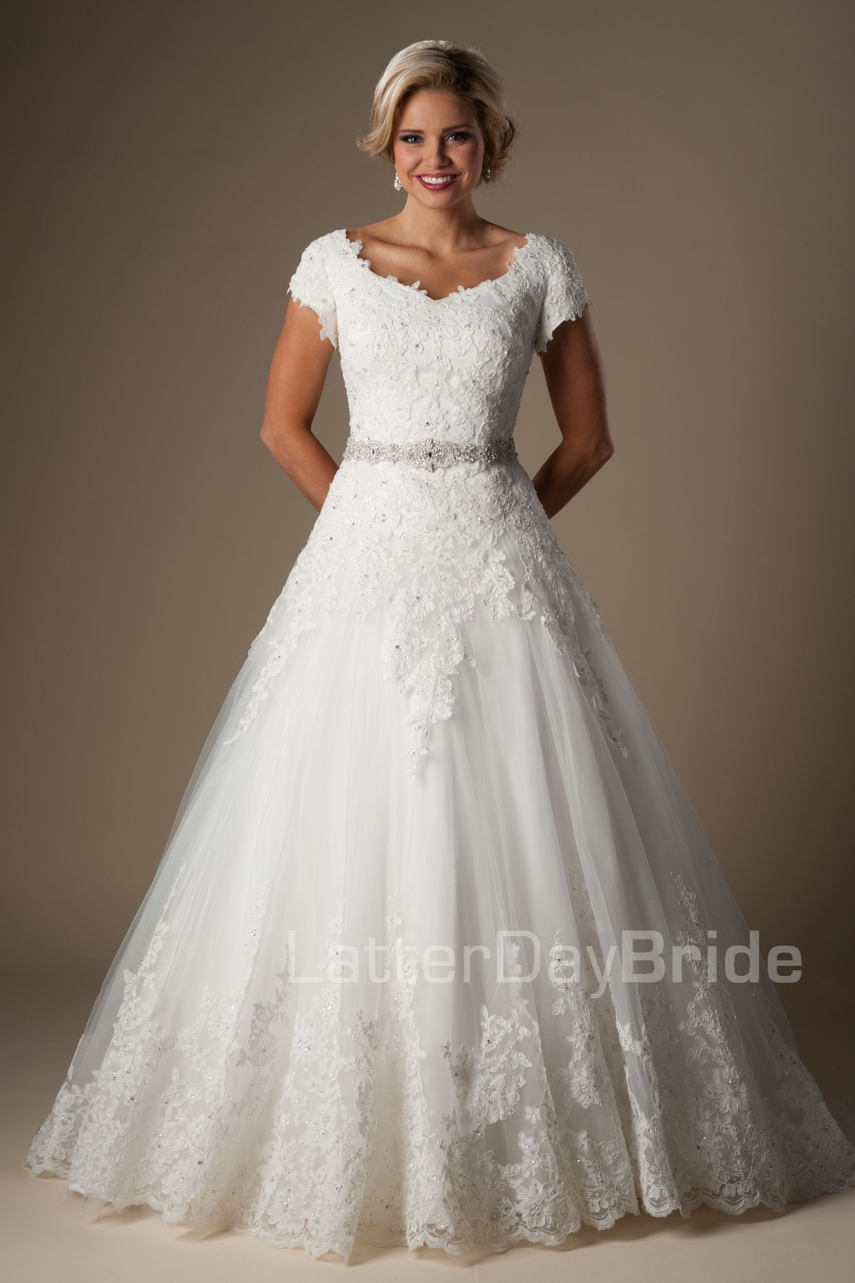 Ivory Lace Ball Gown Modest Wedding Dresses With Short Sleeves Cap ...