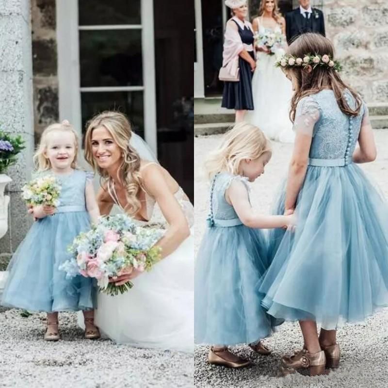Dusty blue long sleeve flower girl dress designers