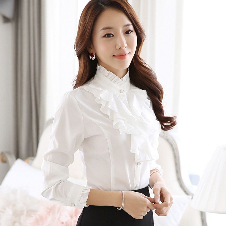 2017 Ruffle Blouse Women 2016 New Fashion Stand Collar Ruffle Cuff Long ...