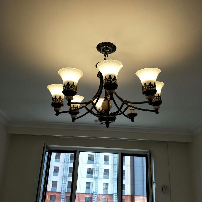American Lobby Hall Foyer Ceiling Light Lamp Vintage Retro Antique Up Down Glass Shade Iron Semi Flush