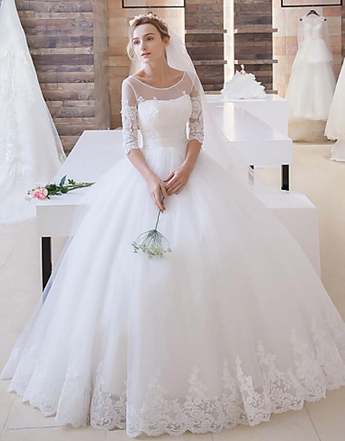 Scoop Half Sleeves Ball Gown Tulle Wedding Dress Bridal Dresses