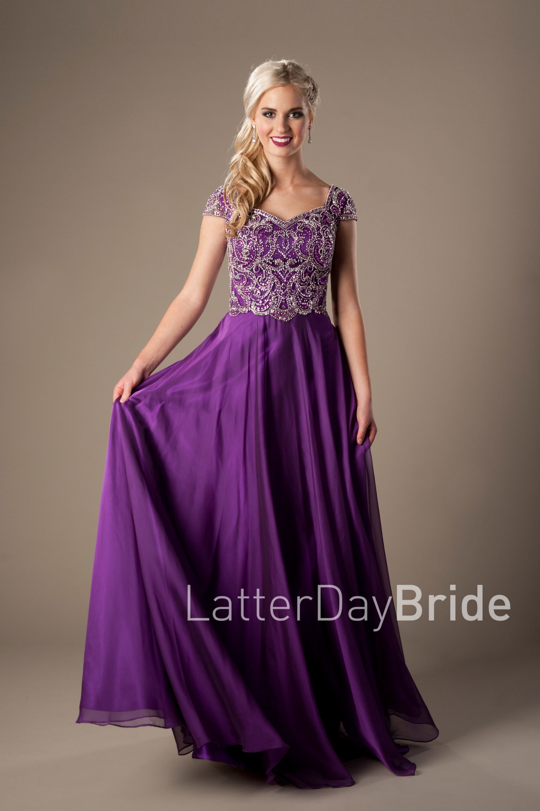 Sparkly Heavily Beaded Bodice Purple Long Modest Evening Dresses With ...