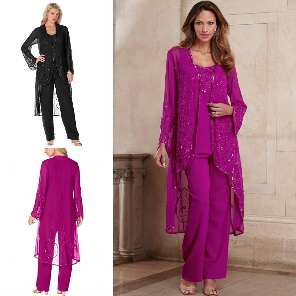 2016 Fuchsia Mother Of Bride Pant Suit Chiffon Formal Mothers and Plus Size Formal Wear Pant Suits