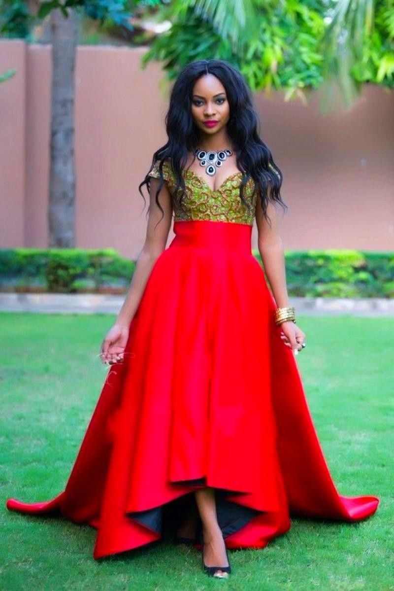 Elegant Red Hi Lo Black Girl Prom Dresses 2016 Cap Sleeves