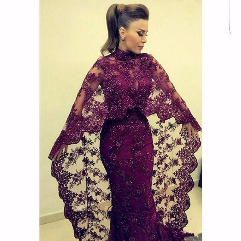 Abaya In Dubai 2017 Purple Lace Evening Dresses With Cape 