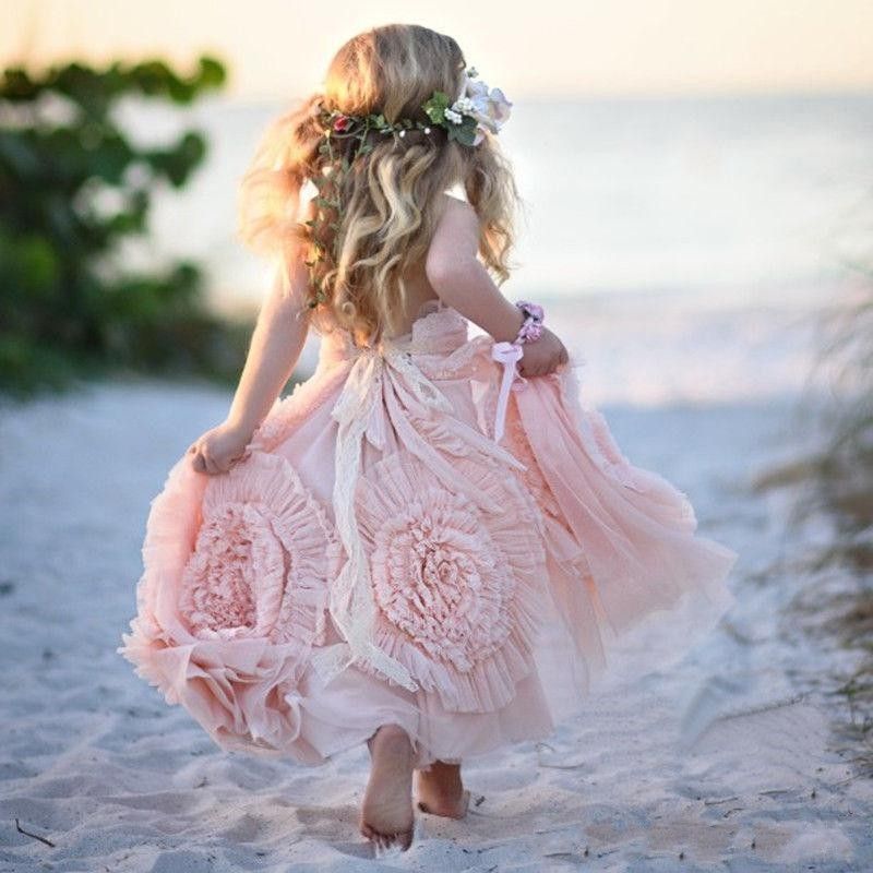 Rosa Halter Vestidos de Festa de Meninas 2016 Chiffon Ruffles Vestidos Da Menina de Flor Para A Praia Até O Chão Pageant Vestidos Com Flores
