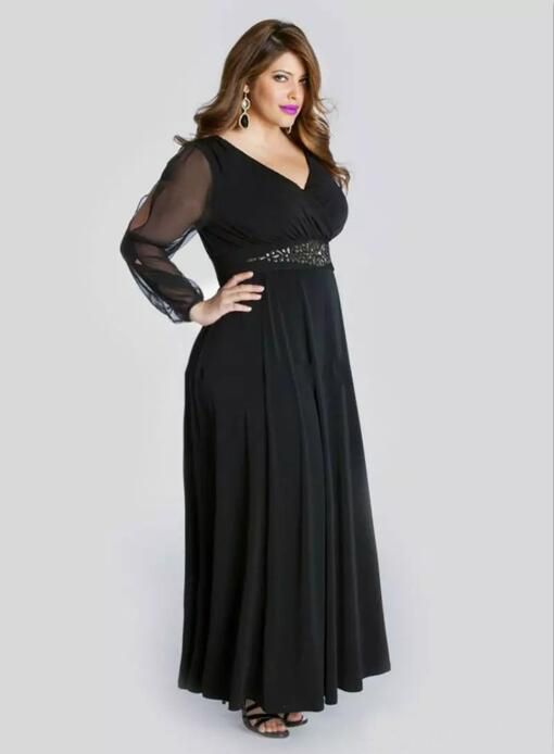 Black Chiffon Plus Size Prom Dresses Long With Illusion Sleeves 2019 ...