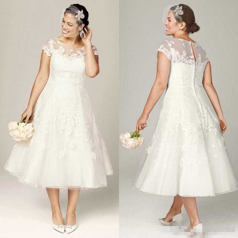 Discount Modest Tea Length Plus Size Lace Applique Wedding Dresses