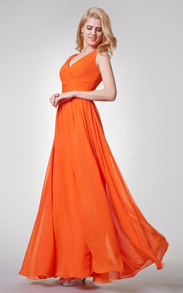 On Sale! Orange Bridesmaid Dresses With Chiffon A Line V Neck Floor ...