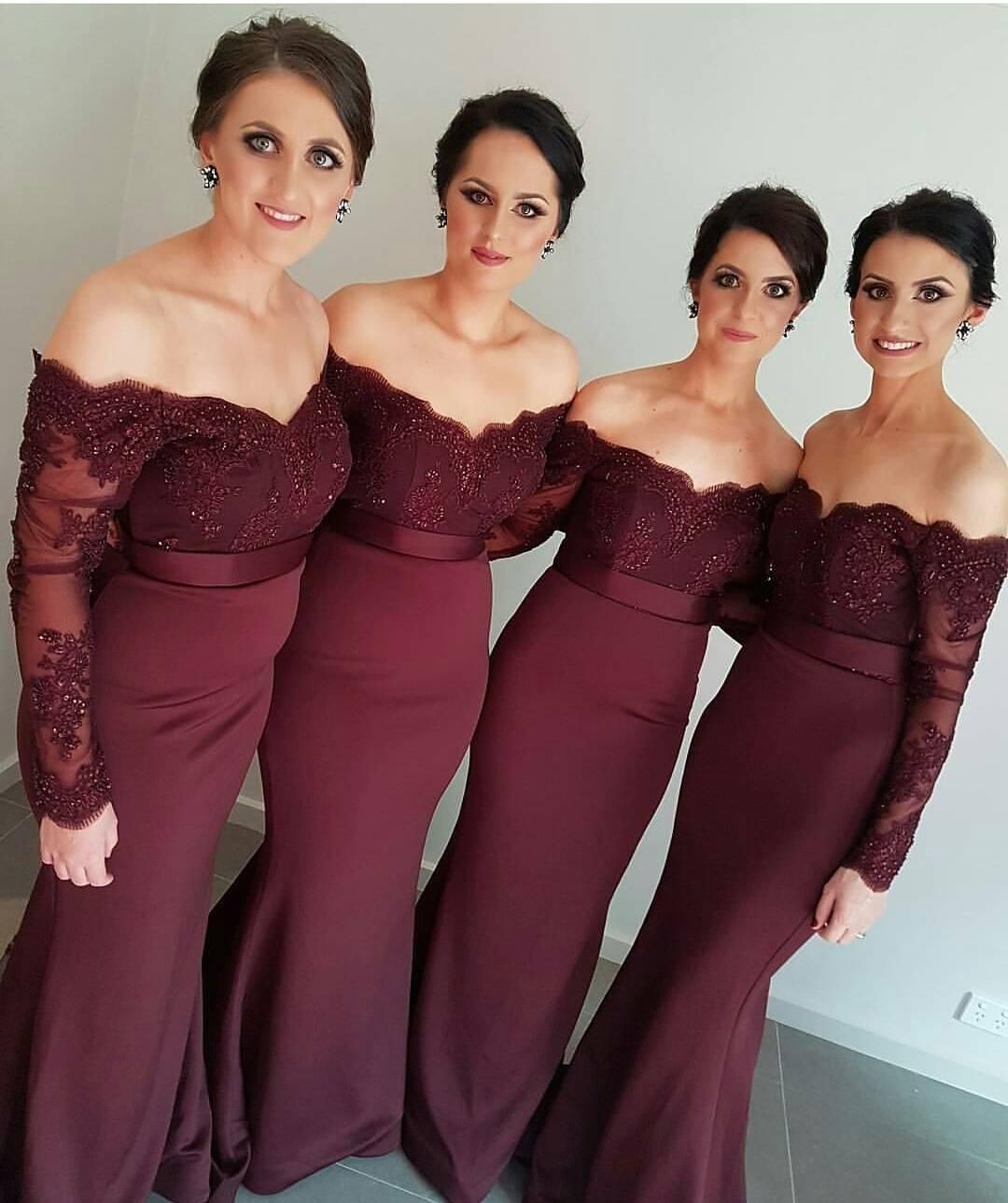 Cheap Burgundy Grape Mermaid Bridesmaid Dresses Off Shoulder Lace Appliques Long Sleeves Custom Floor Length For Wedding Maid of Honor Gowns