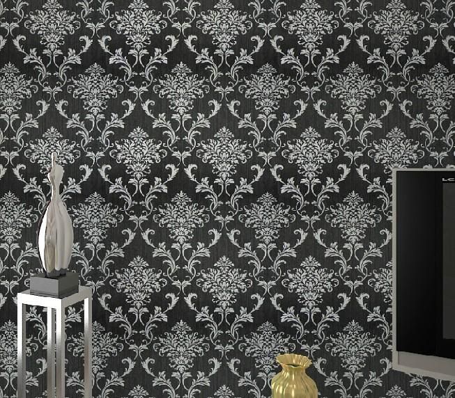 Großhandel Pvc Glitter Schwarz / Silber Damast Tapete Hintergrund ... Großhandel Pvc Glitter Schwarz / Silber Damast Tapete Hintergrund ...