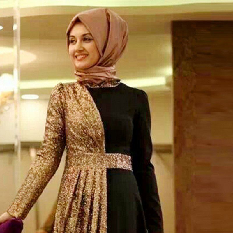 Bescheidene arabische muslimische Frauen Abendkleider Abendgarderobe mit langen Ärmeln Gold Pailletten drapiert Plus Size Frauen Abendkleid billig