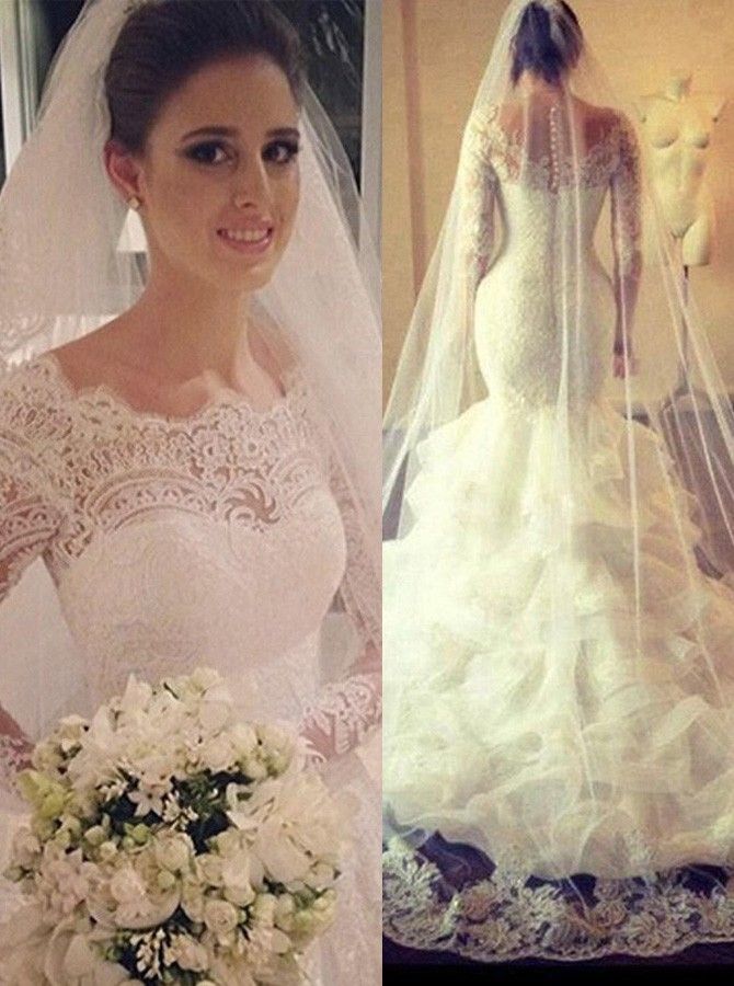 Tiered Ruffled Organza Long Sleeves Mermaid Wedding Dress