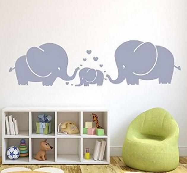 D575 Three Cute Elephants Parents And Kid Family Wall Decal With Hearts