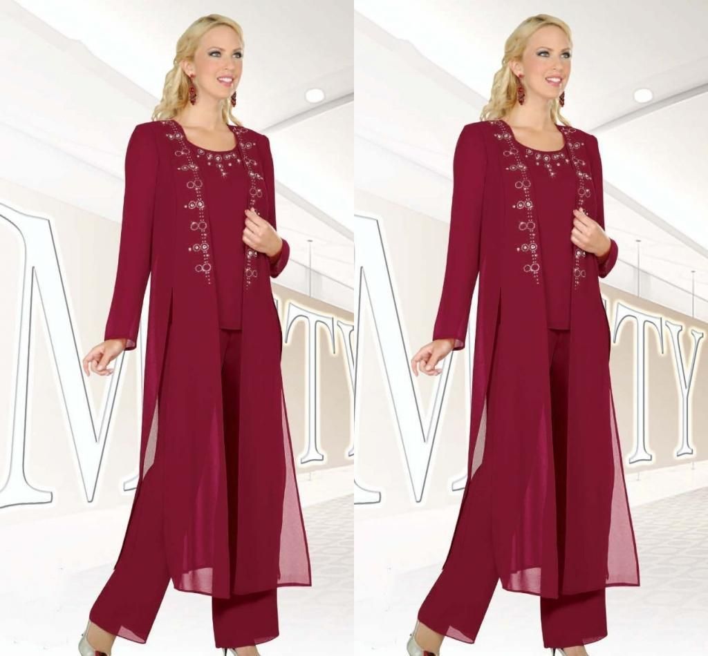 Fuchsia Chiffon Mother Of The Bride Pant Suits With Jacket For Wedding