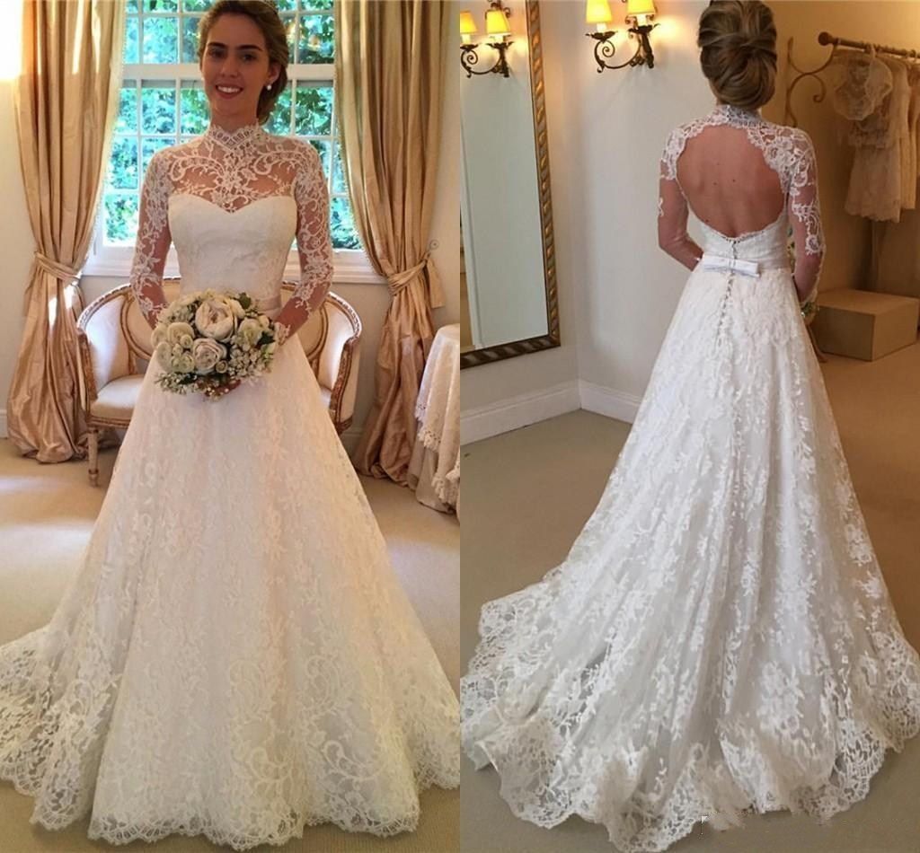 illusion neckline long sleeve wedding dress