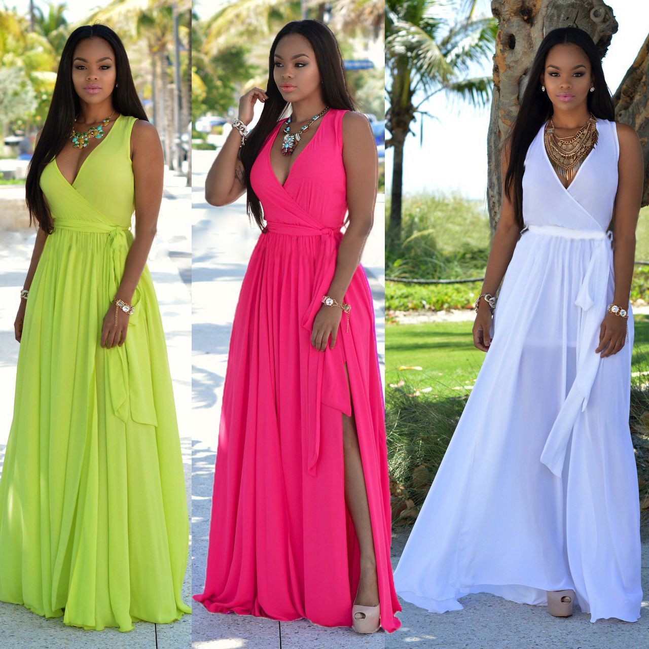Summer Maxi Chiffon Dress V Neck Sleeveless Split Long Dress Womens Casual Wrap Dresses Bohemian 