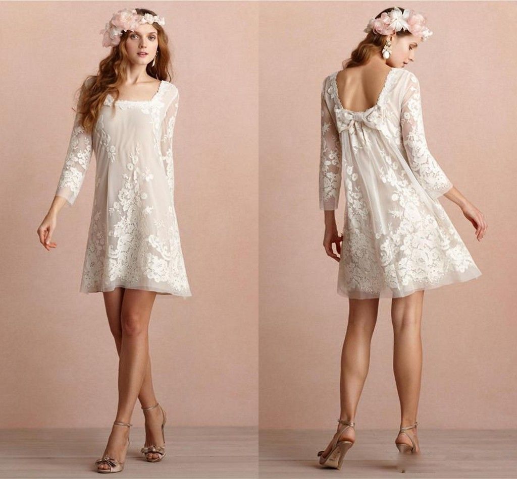 Mini Robes De Mariée Courtes Décolleté Carré Manches Longues Robe De Mariée Dos Nu Appliqued Dentelle Robes De Mariée