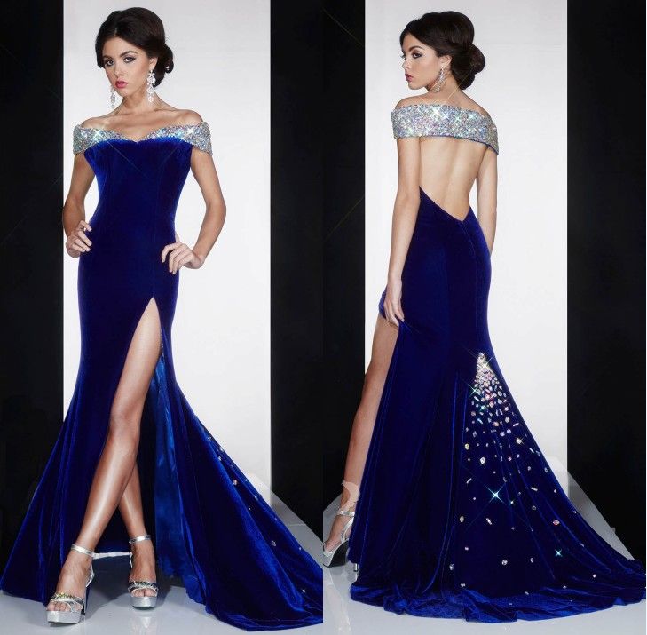 New Arrival 2019 Royal  Blue  Velvet Formal  Evening  Dresses  