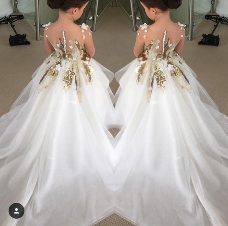 gold and white flower girl dresses