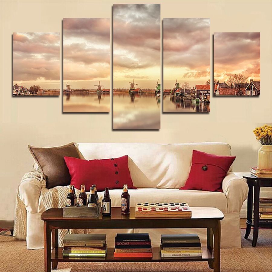 2020 5 Panel Modern Home Decor Abstract Canvas Painting Retro City Street Landscape Pictures