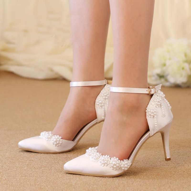 Wedding Sandals Red Satin Middle Heel Sexy Bridal Dress Shoes Pearl ...