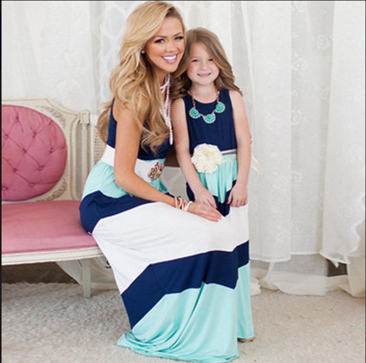 Summer Mother And Daughter Dresses Girls Color Block Slim Dresses ...
