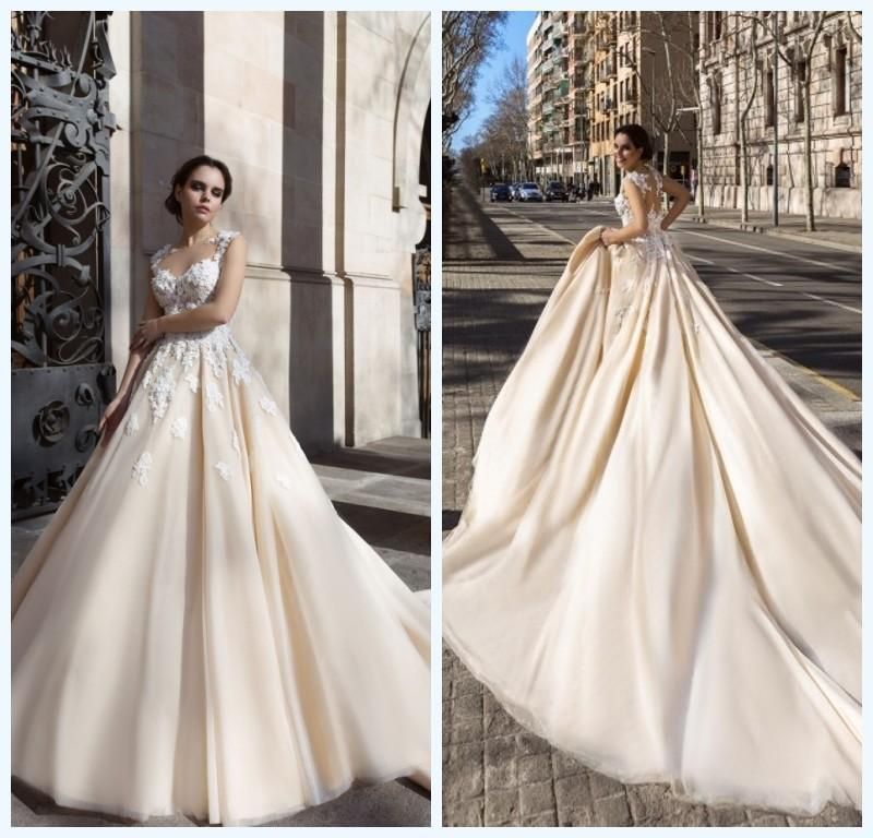 Discount 2018 Champagne Wedding Dresses Sheer Neck Applique Lace