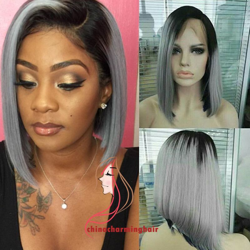 Black To Grey Ombre Bob Full Lace Human Hair Wigs For Black Women