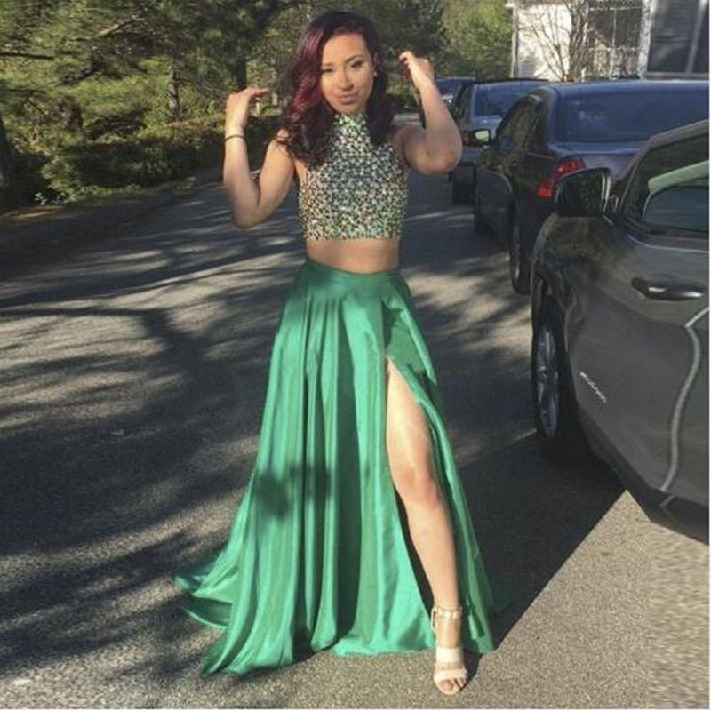 Full Sexy Black Girl Prom Dresses Long 2018 Vestidos High Neck Beaded