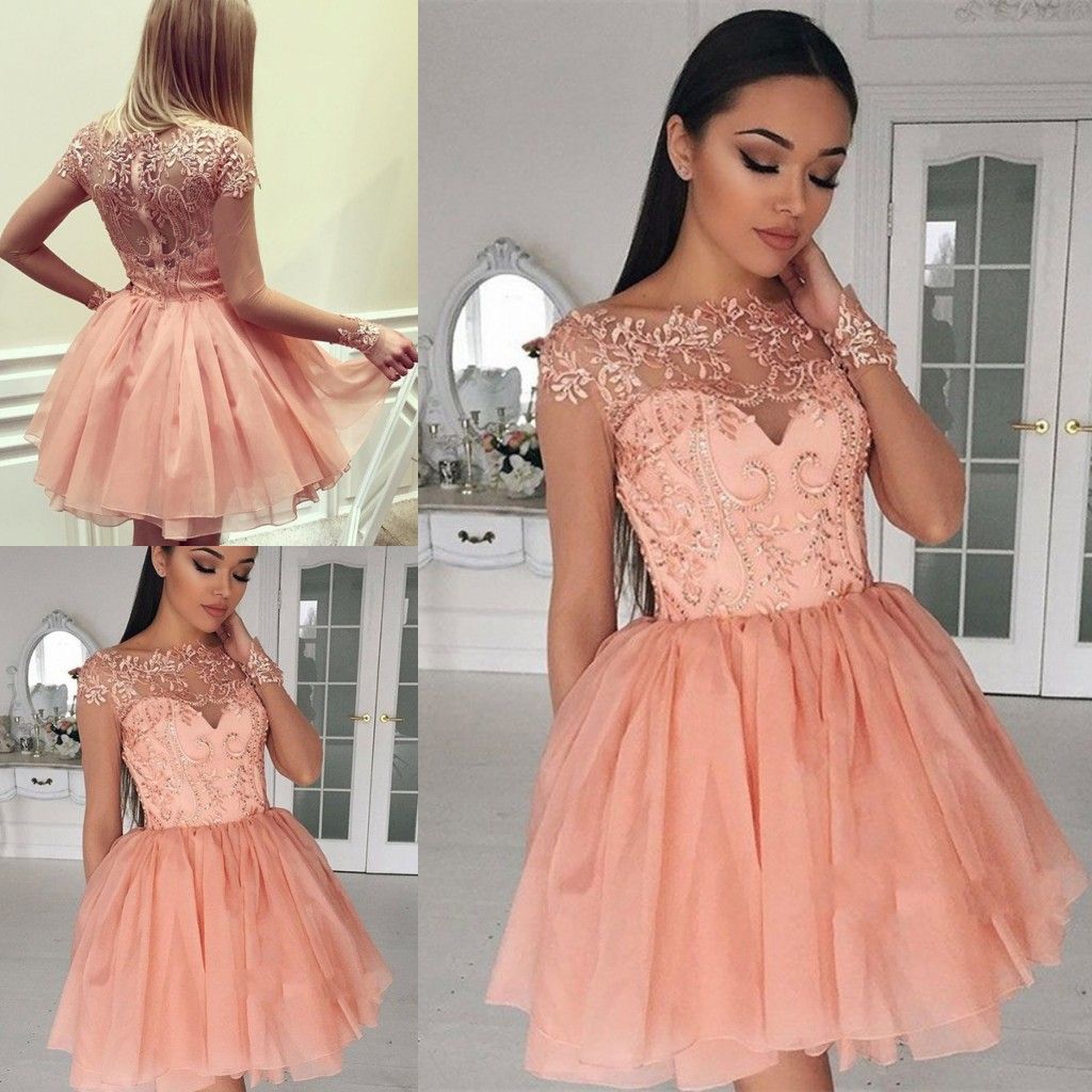 2018 Latest Cute Long Sleeve Graduation Dresses Appliques Beaded Tulle