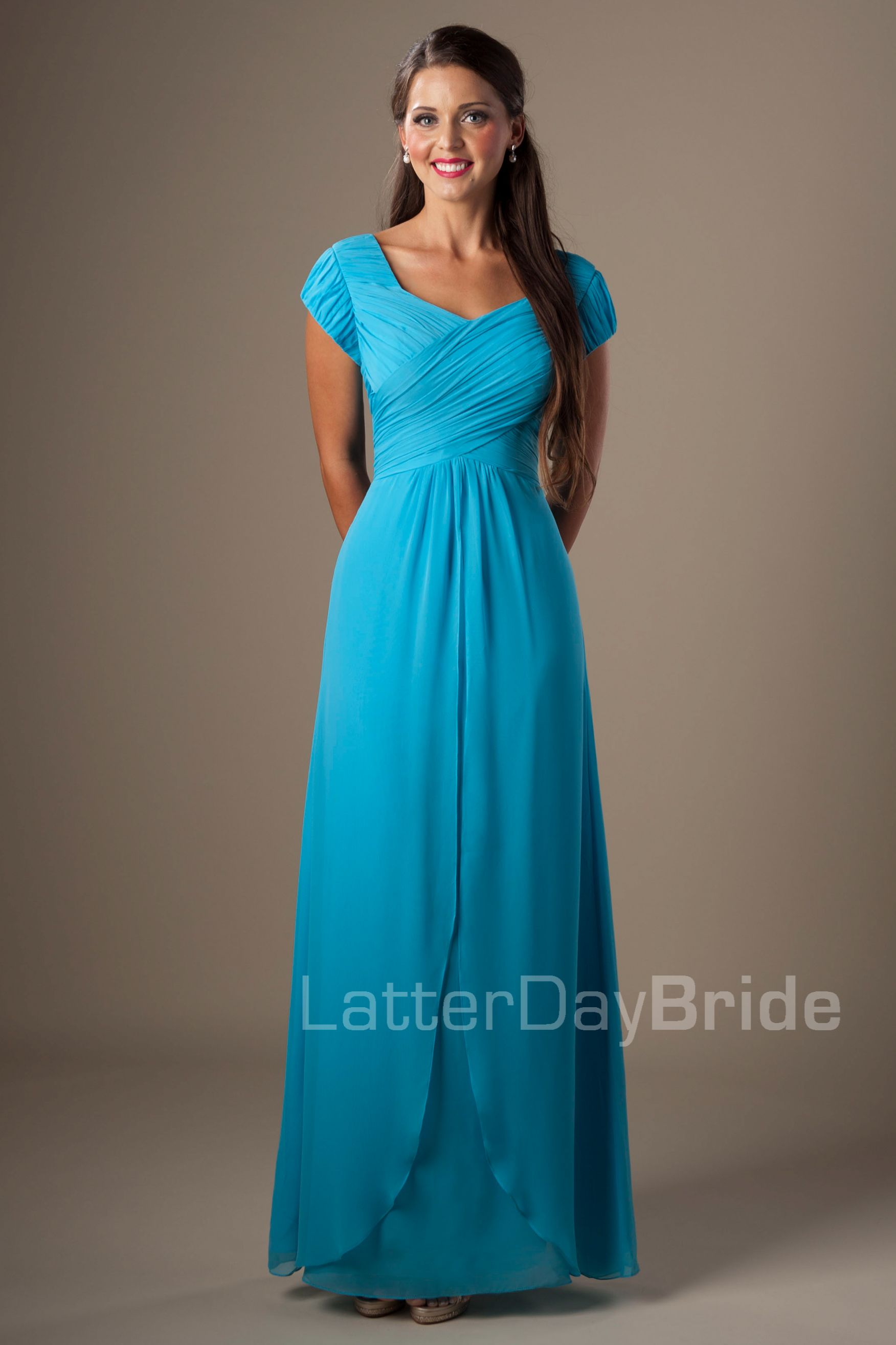 Blue Chiffon Modest Bridesmaid Dresses With Short Sleeves Long Floor A