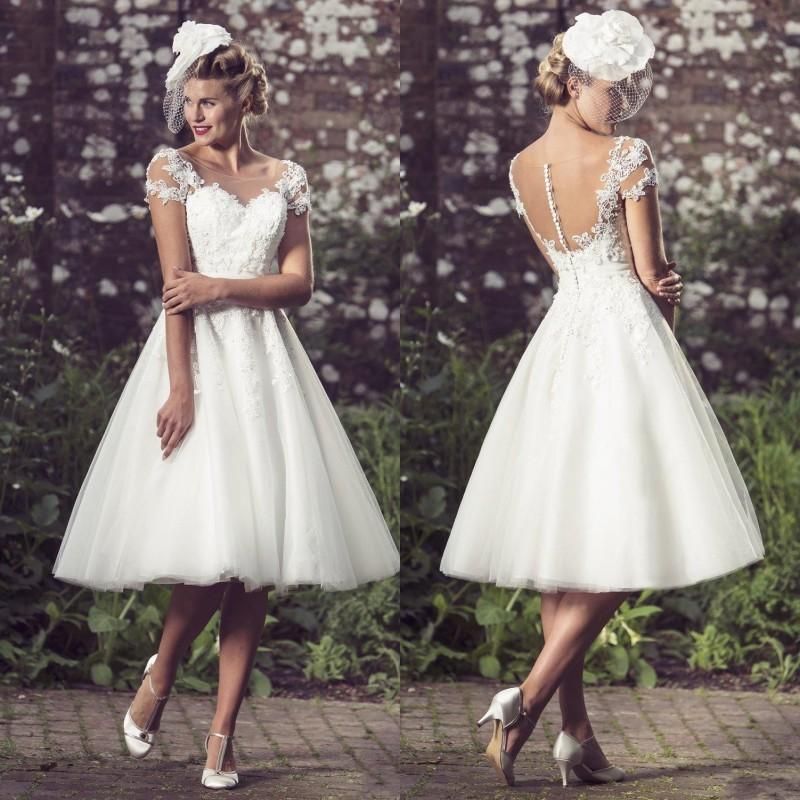 Discount 2016 Vintage Tea Length Wedding Dresses Country Style Ivory ...