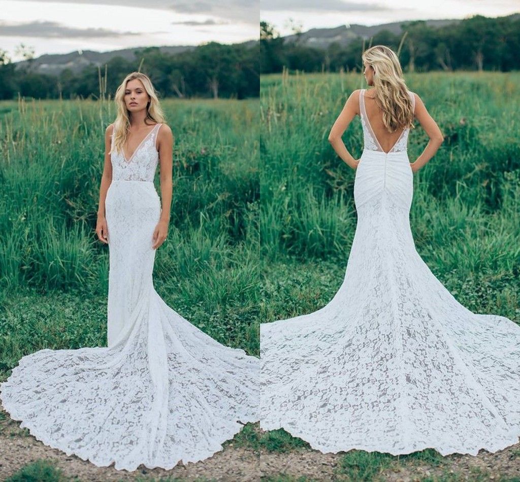 2017 Romantic Boho Elegant Backless Lace Wedding Dresses V ...