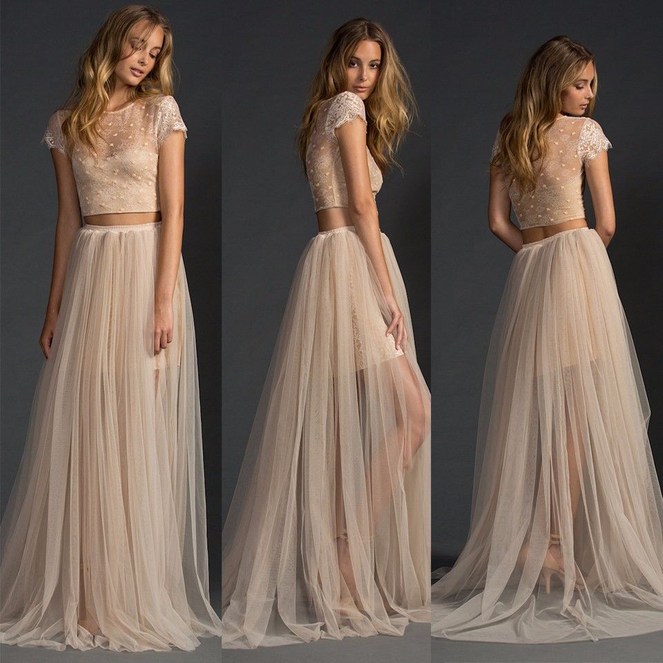 Discount Champagne Bohemian Wedding Dress Lace Two Piece Wedding