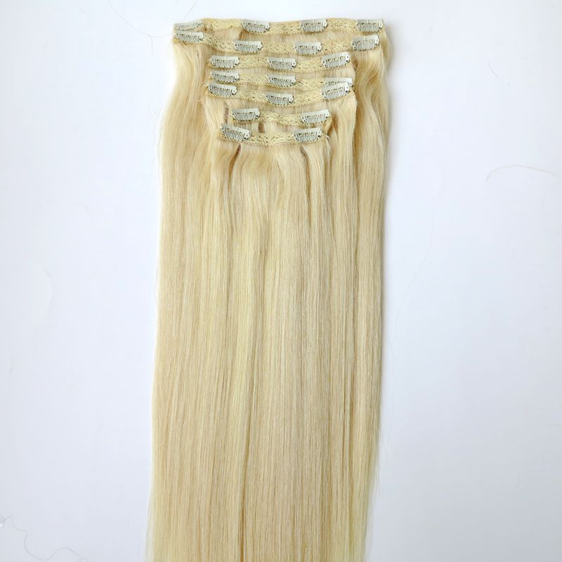 Clip in Haarverlängerungen Brasilianisches Menschenhaar 20 22 inch 60 # / Platin Blonde Gerade Haarverlängerungen 260g 7 teile / satz