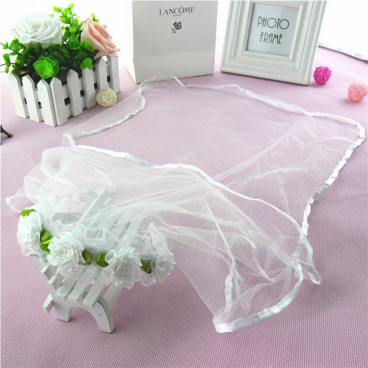 Two Layers Long Flower Girls Veils Ribbon Edge With Hand Made