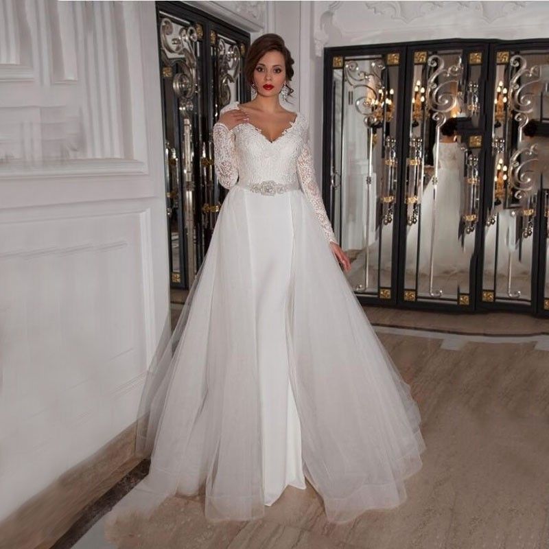 compre vestidos de novia de encaje con sobrefalda desmontable busto