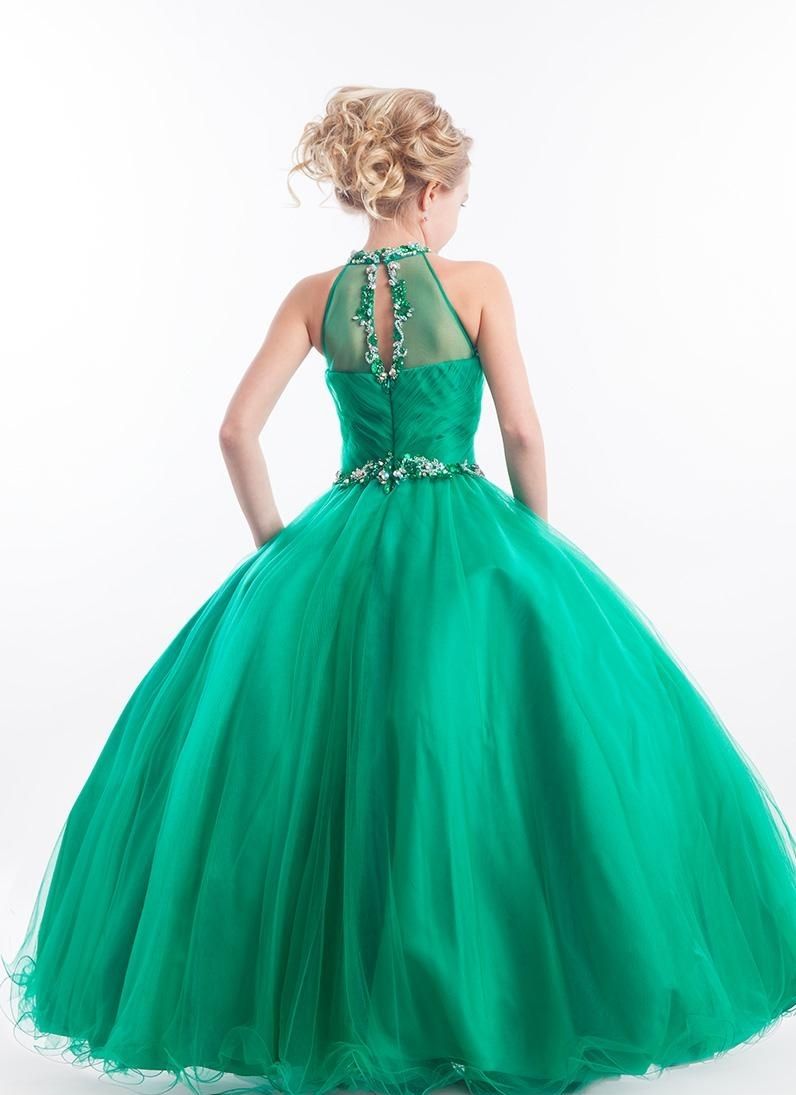 Emerald Green Girls Pageant Dresses Halter High Neck Tulle Beaded