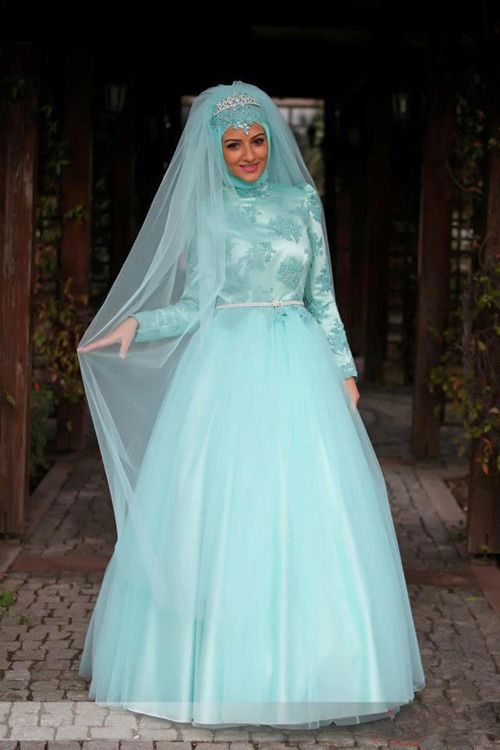 The Muslim  Hui Wedding  Dress  Lace Long Full Sleeve Blue  