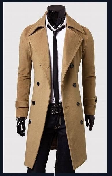 Worsted long Trench Coat Men Double Breasted Long Sleeve Big Turn Down Collar Split Design Slim Fit Man Long Trench Coats Free Ship y038