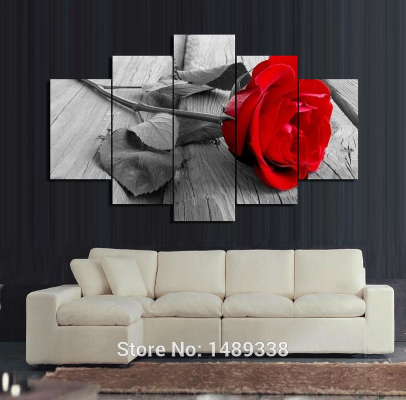 2019 5 Panel Red  Rose  Canvas Oil Painting Home Decoration 