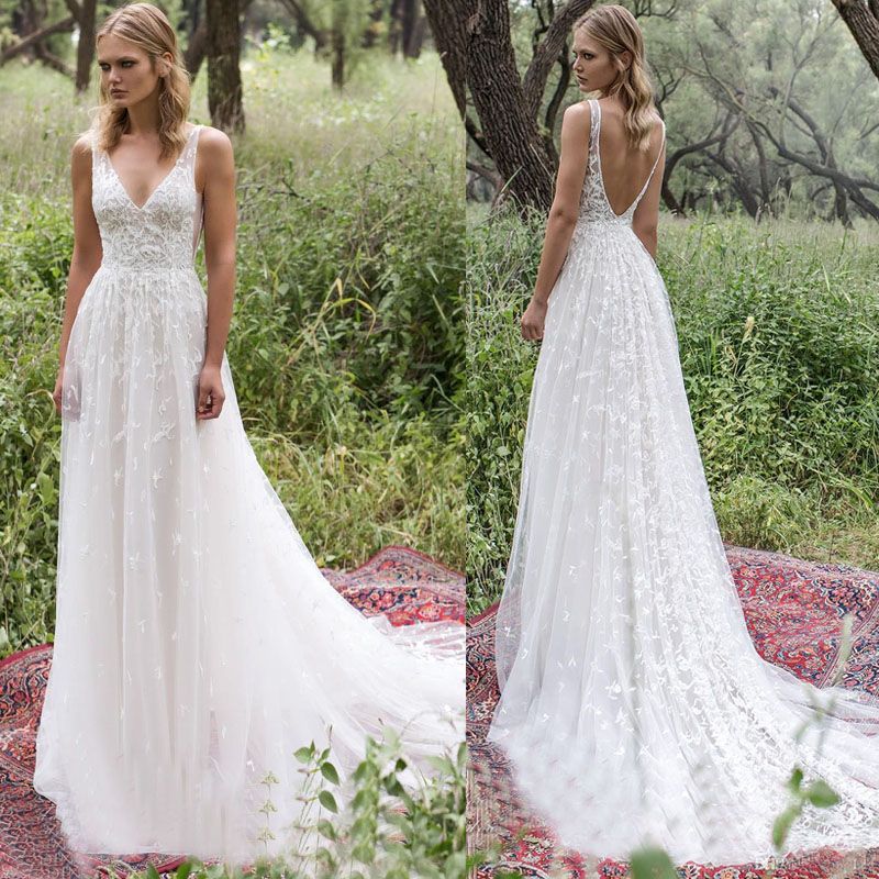 discount boho country wedding dresses a line v neck backless lace