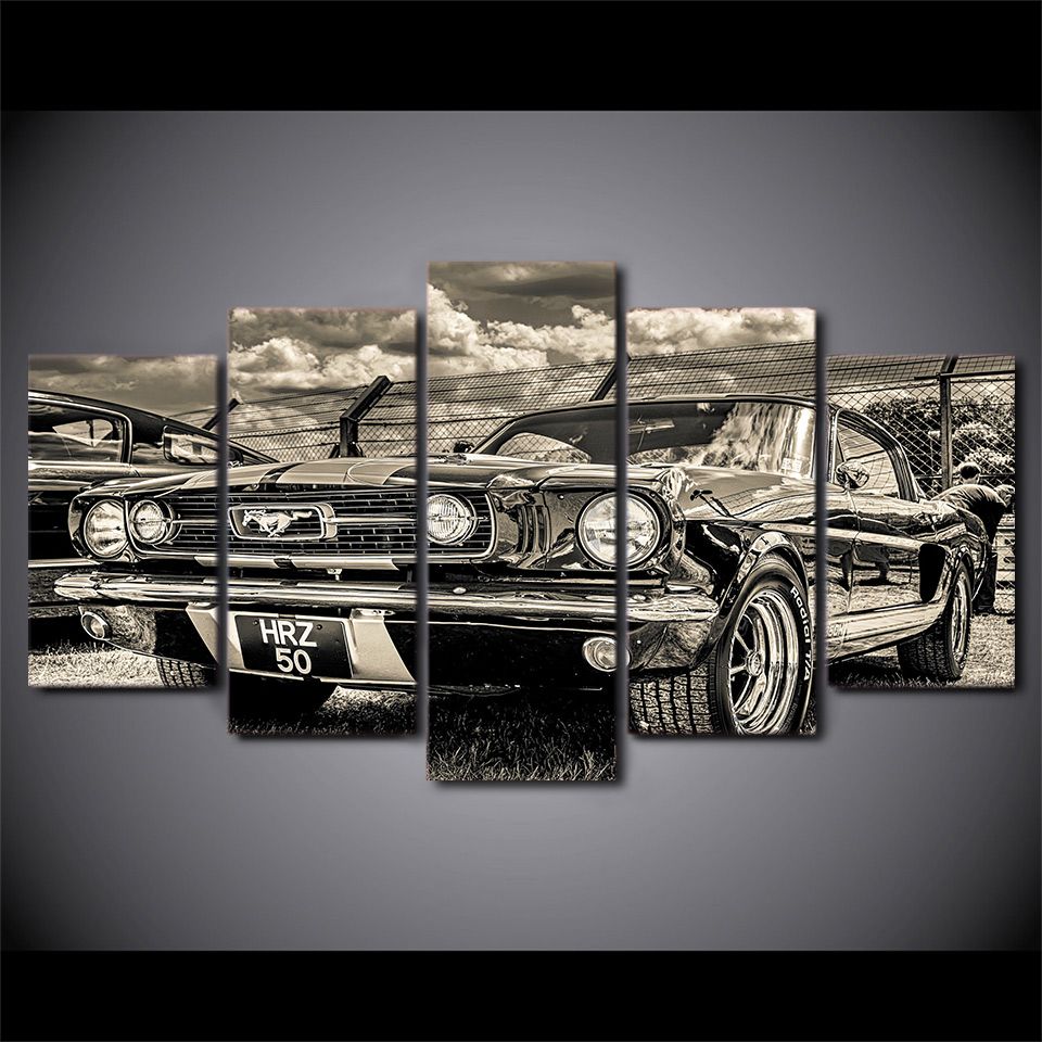 2020 5 Panel Hd Printed Framed Black And White Retro Car Modern