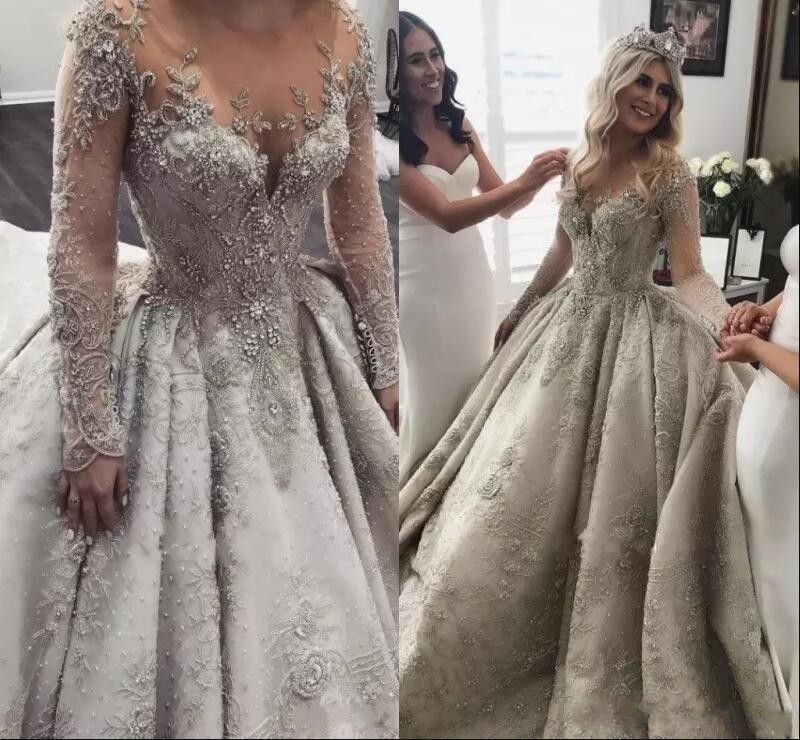 silver wedding gowns with sleeves