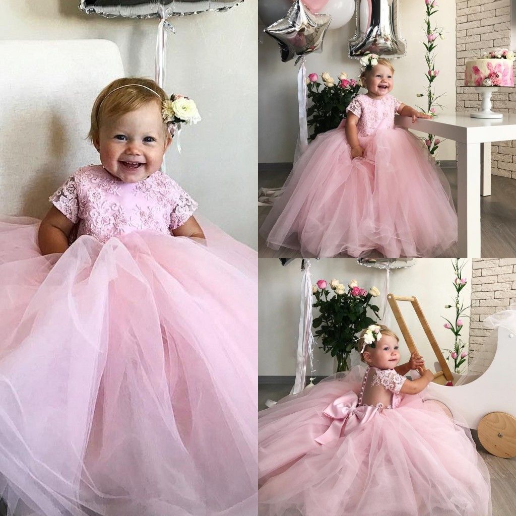 Adorable Baby Toddler Pageant Dress Pink Satin Bowknot Appliques Beaded