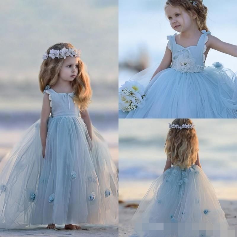 Flower girl long dresses in light blue hair